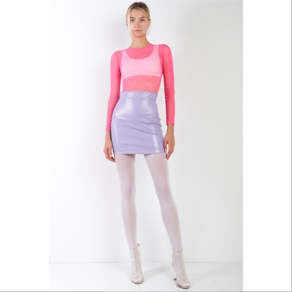 LAVENDER FAUX LEATHER HIGH WAIST MINI SKIRT - Picture 2 of 6